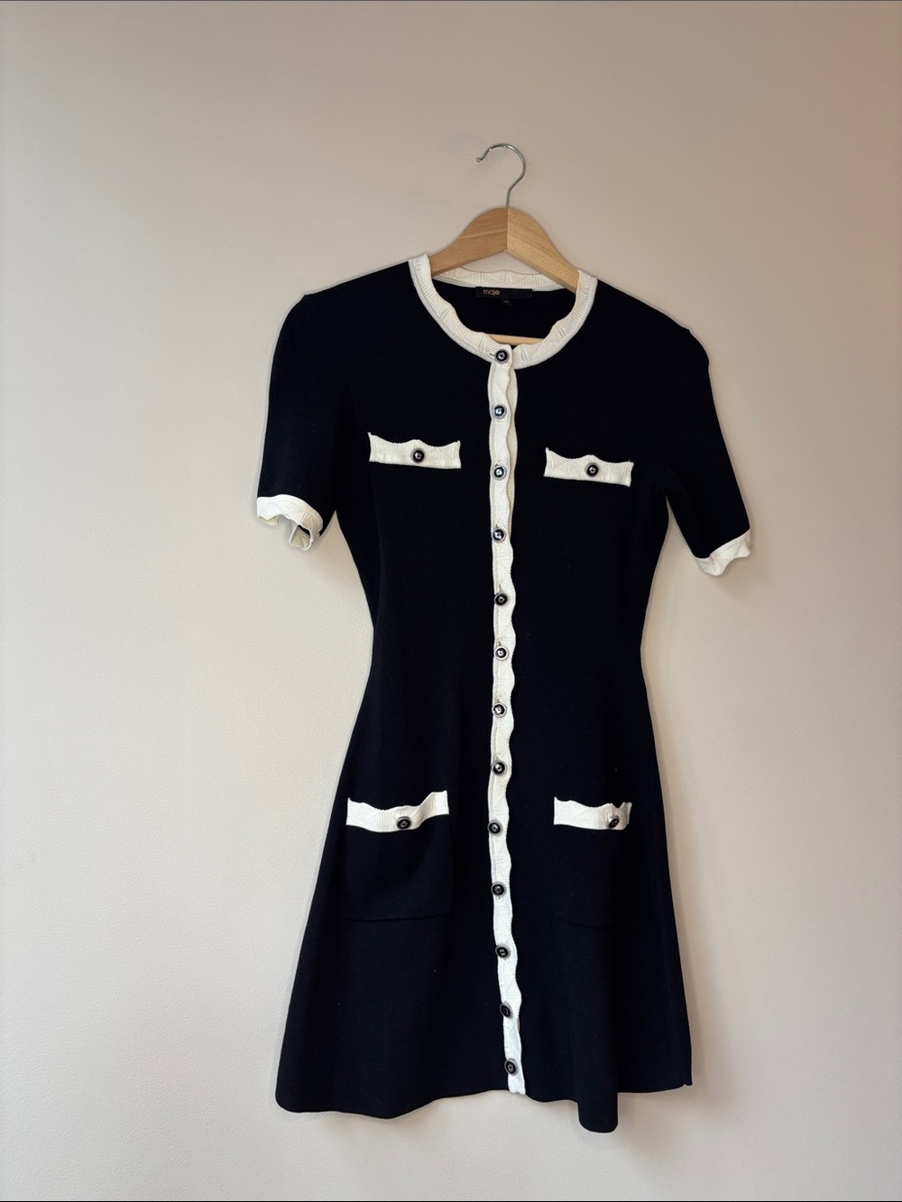 Maje Black Mini Dress with White Contrast Trim - Picture 6 of 9